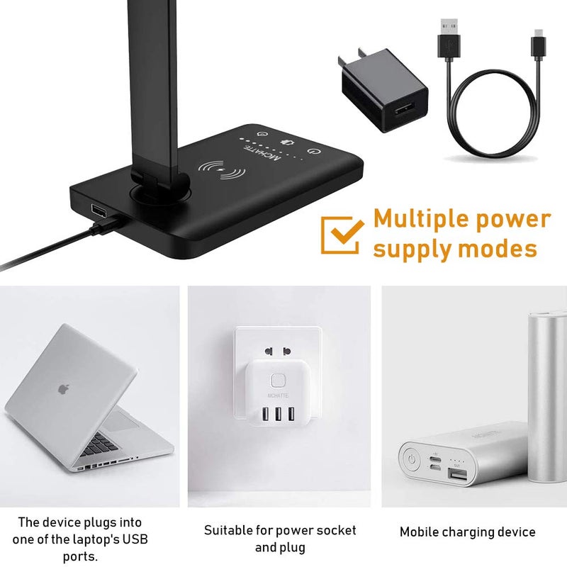 MCHATTE LED Desk Lamp with Wireless Charger, USB Charging Port, Dimmable Eye-Caring Desk Light with 5 Brightness Levels & 5 Lighting Modes, Touch Control, Auto Timer (Black) - Image 5